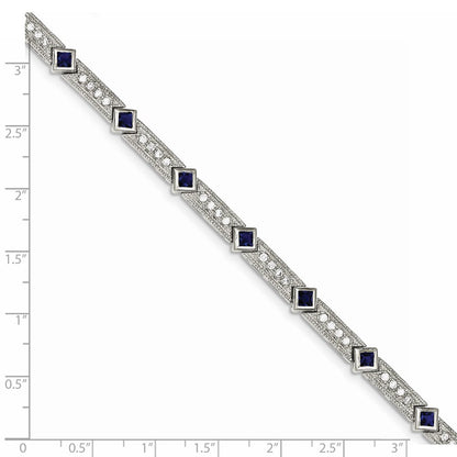 Sterling Silver Rhodium-Plated Blue Glass And Cz 7.25 Inch Bracelet