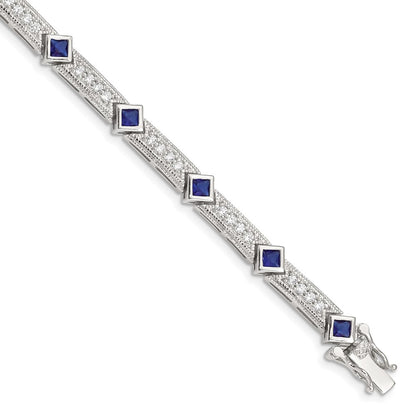 Sterling Silver Rhodium-Plated Blue Glass And Cz 7.25 Inch Bracelet