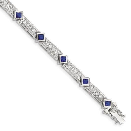 Sterling Silver Rhodium-Plated Blue Glass And Cz 7.25 Inch Bracelet