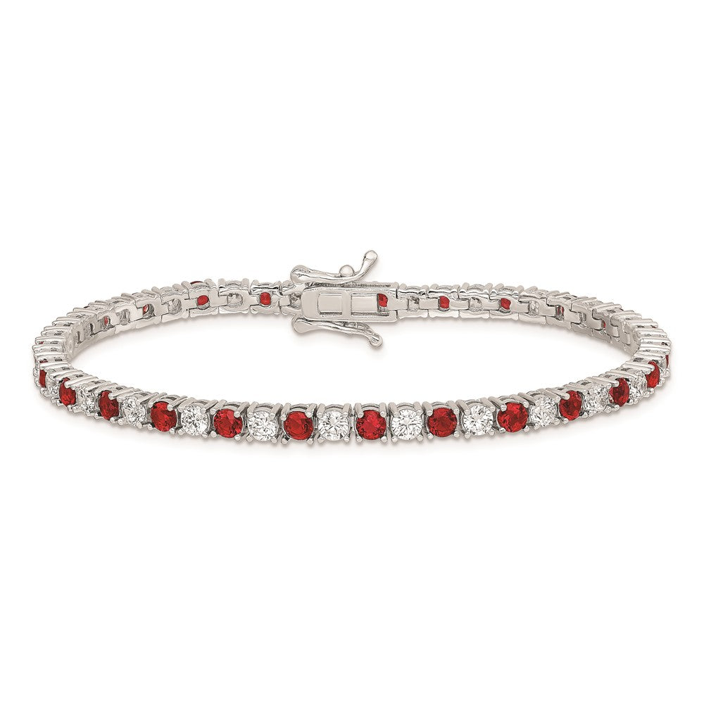 Sterling Silver Rhodium-Plated Red Glass And Cz 7 Inch Bracelet