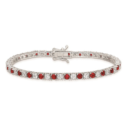 Sterling Silver Rhodium-Plated Red Glass And Cz 7 Inch Bracelet