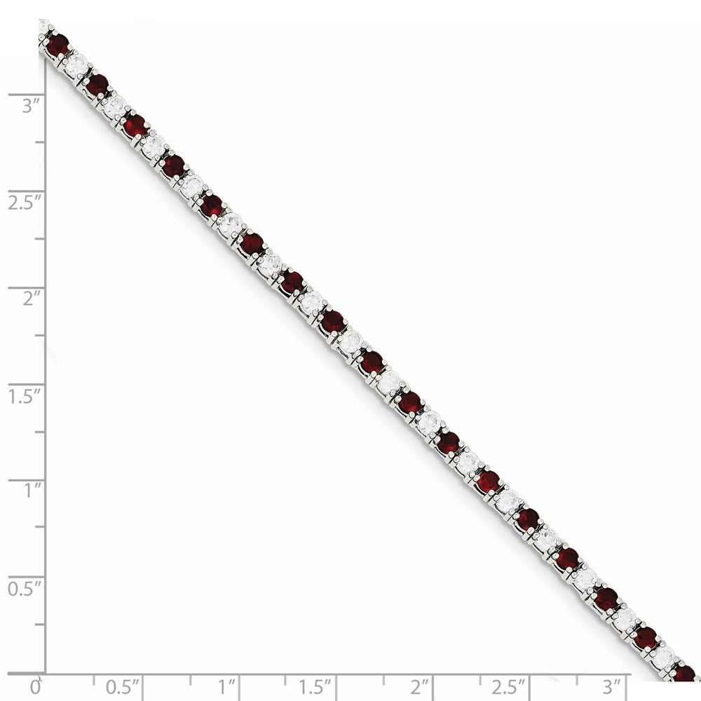 Sterling Silver Rhodium-Plated Red Glass And Cz 7 Inch Bracelet