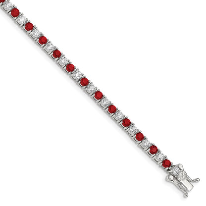 Sterling Silver Rhodium-Plated Red Glass And Cz 7 Inch Bracelet