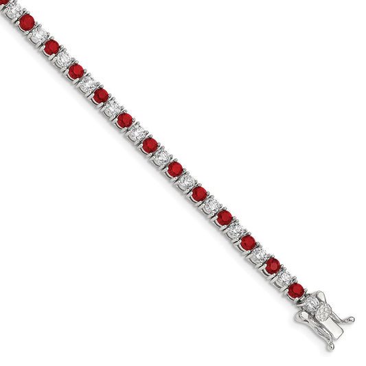 Sterling Silver Rhodium-Plated Red Glass And Cz 7 Inch Bracelet