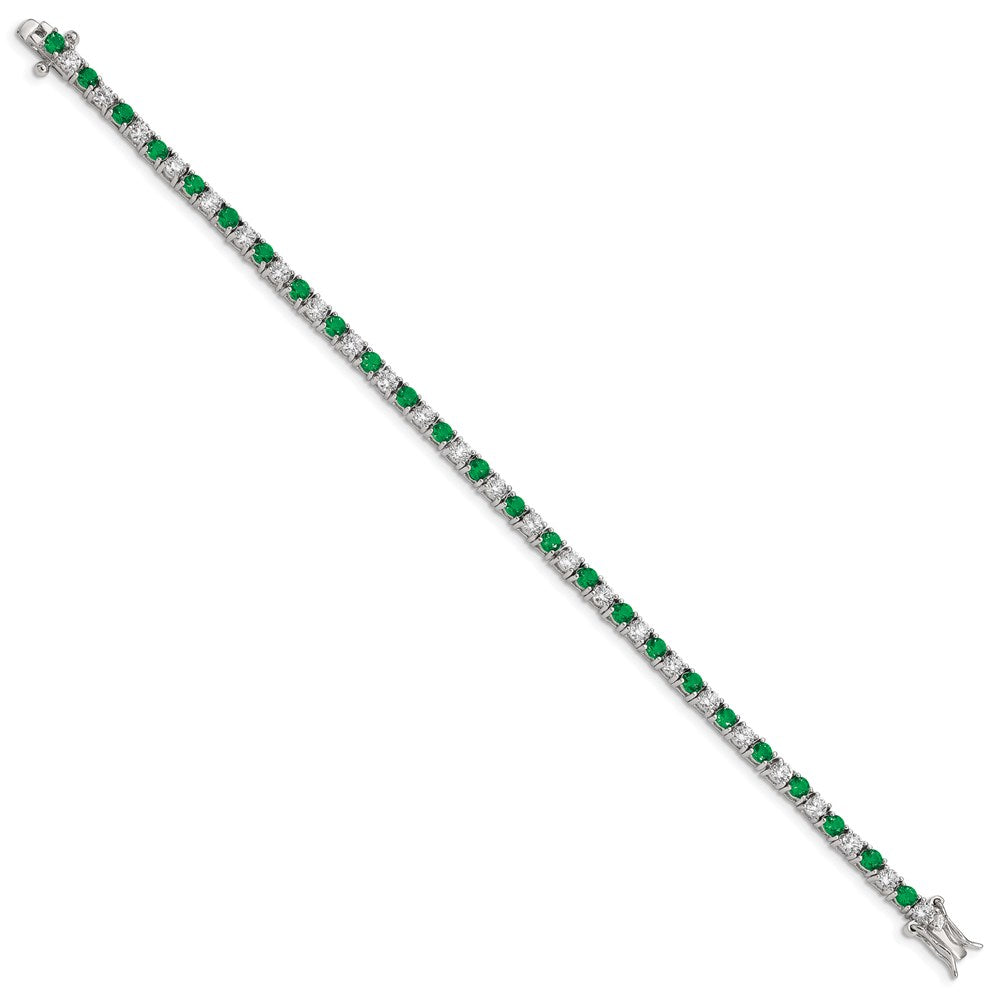 Sterling Silver Rhodium-Plated Green Glass And Cz 7 Inch Bracelet