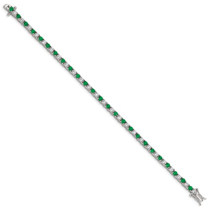 Sterling Silver Rhodium-Plated Green Glass And Cz 7 Inch Bracelet