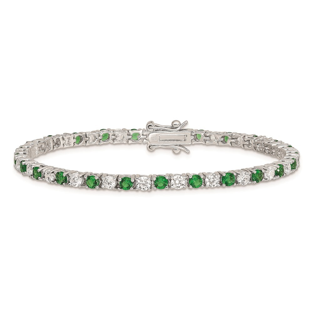 Sterling Silver Rhodium-Plated Green Glass And Cz 7 Inch Bracelet