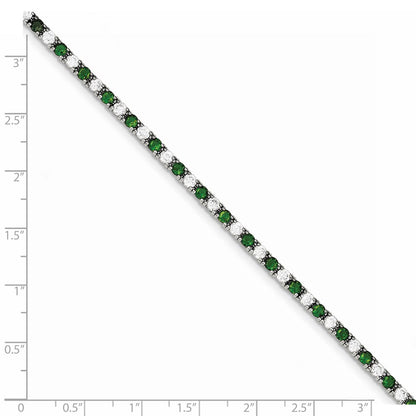 Sterling Silver Rhodium-Plated Green Glass And Cz 7 Inch Bracelet