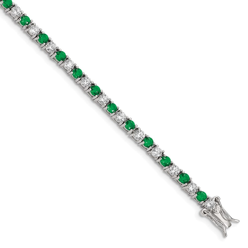 Sterling Silver Rhodium-Plated Green Glass And Cz 7 Inch Bracelet