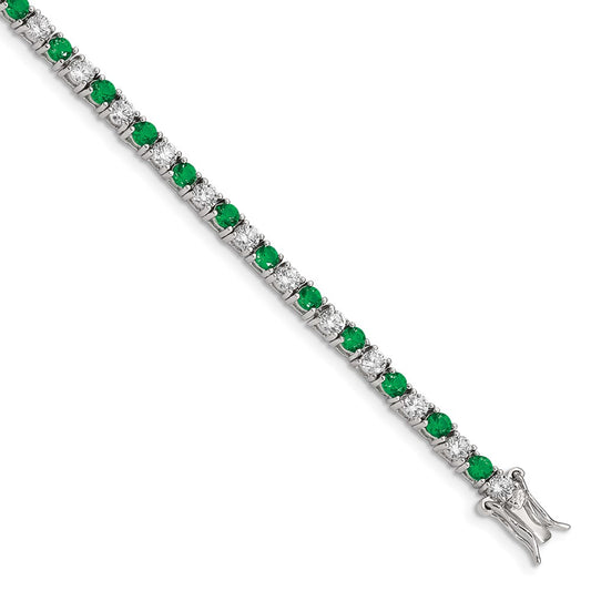 Sterling Silver Rhodium-Plated Green Glass And Cz 7 Inch Bracelet