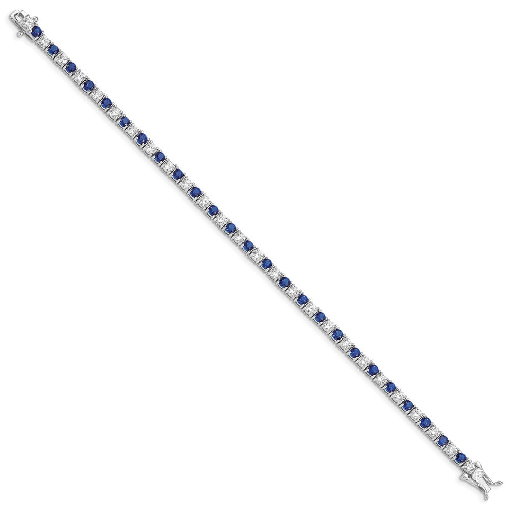 Sterling Silver Rhodium-Plated Blue Glass And Cz 7 Inch Bracelet