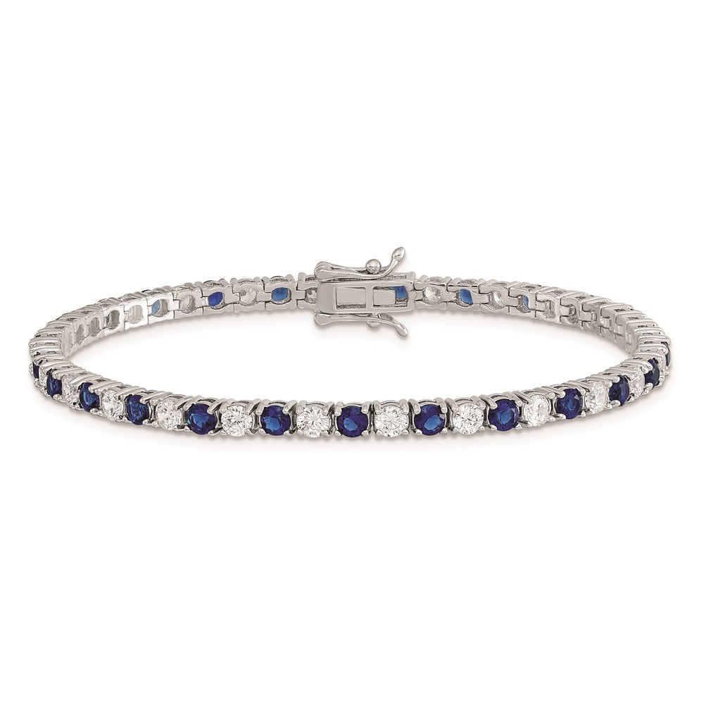 Sterling Silver Rhodium-Plated Blue Glass And Cz 7 Inch Bracelet