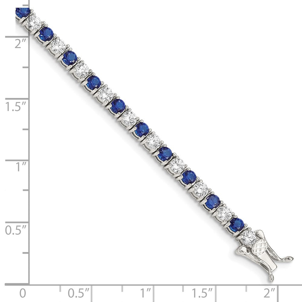 Sterling Silver Rhodium-Plated Blue Glass And Cz 7 Inch Bracelet