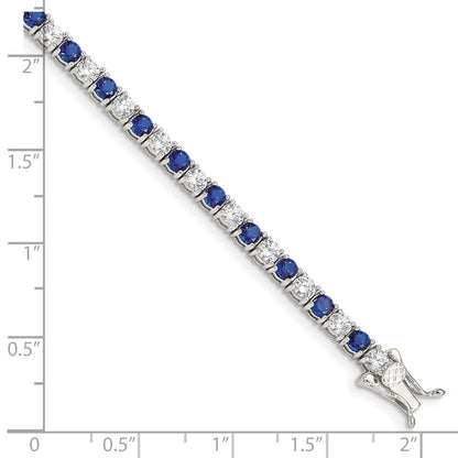 Sterling Silver Rhodium-Plated Blue Glass And Cz 7 Inch Bracelet