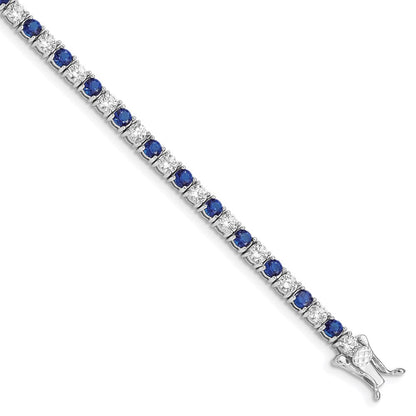 Sterling Silver Rhodium-Plated Blue Glass And Cz 7 Inch Bracelet
