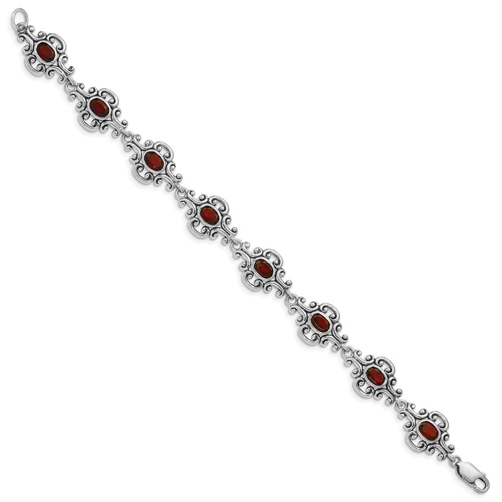 7.25 Inch Sterling Silver Rhodium Plated Antiqued Garnet Bracelet
