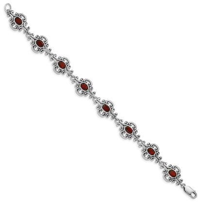 7.25 Inch Sterling Silver Rhodium Plated Antiqued Garnet Bracelet