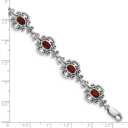 7.25 Inch Sterling Silver Rhodium Plated Antiqued Garnet Bracelet