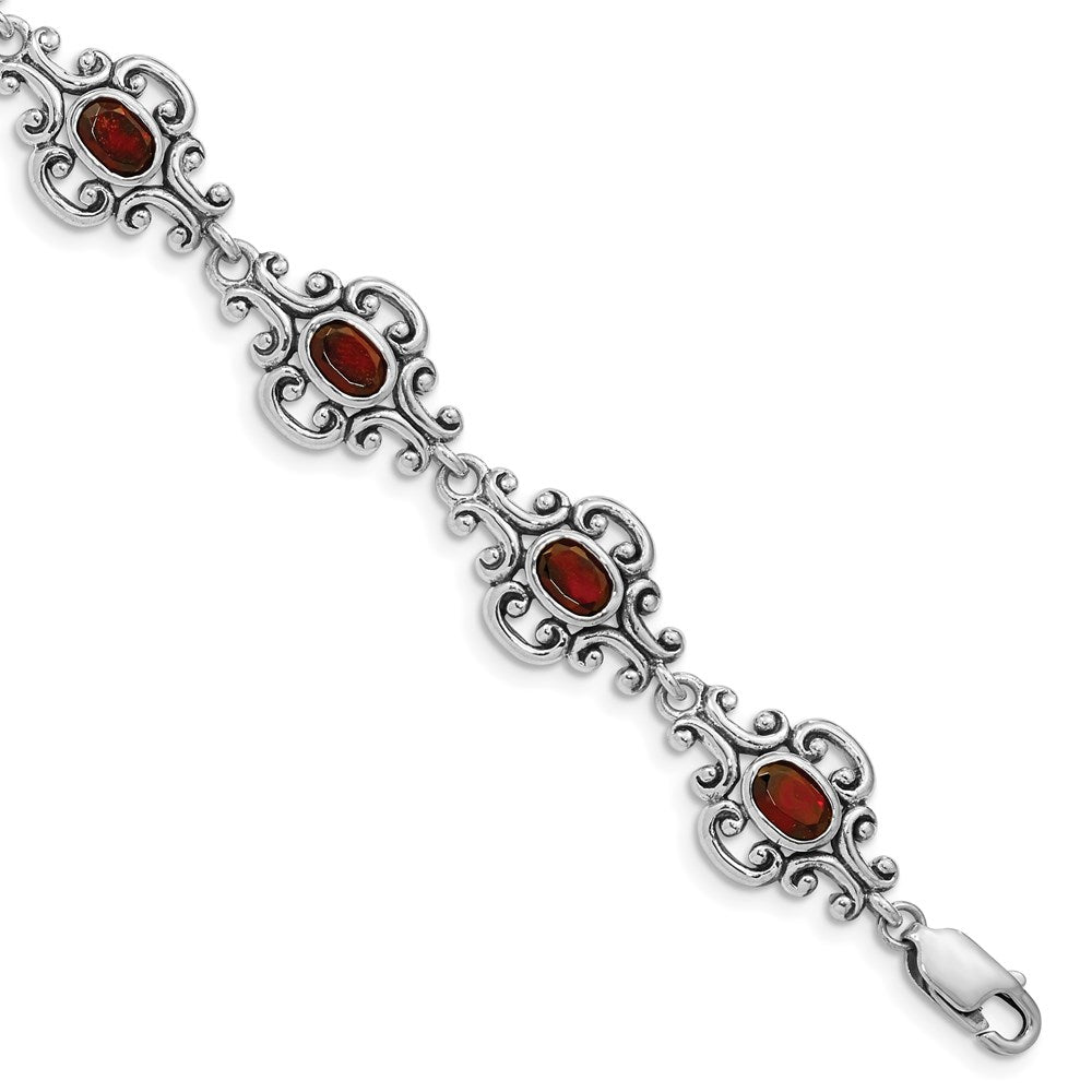 7.25 Inch Sterling Silver Rhodium Plated Antiqued Garnet Bracelet
