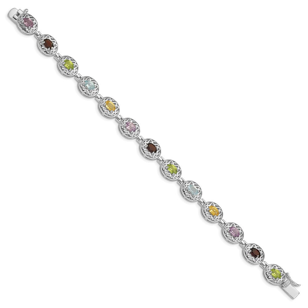 7.5 Inch Sterling Silver Rhodium Plated Multi-Gemstone 7.5Inch Bracelet