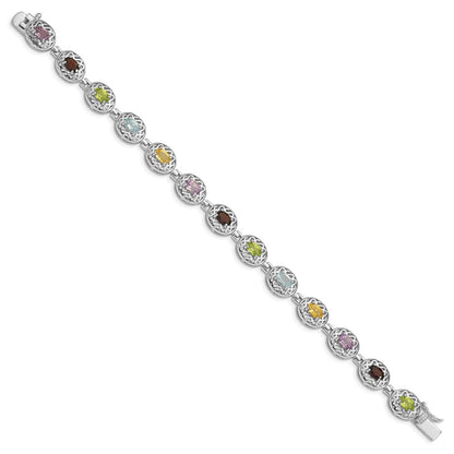 7.5 Inch Sterling Silver Rhodium Plated Multi-Gemstone 7.5Inch Bracelet