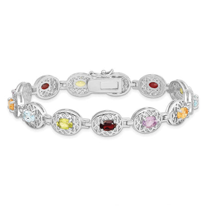 7.5 Inch Sterling Silver Rhodium Plated Multi-Gemstone 7.5Inch Bracelet