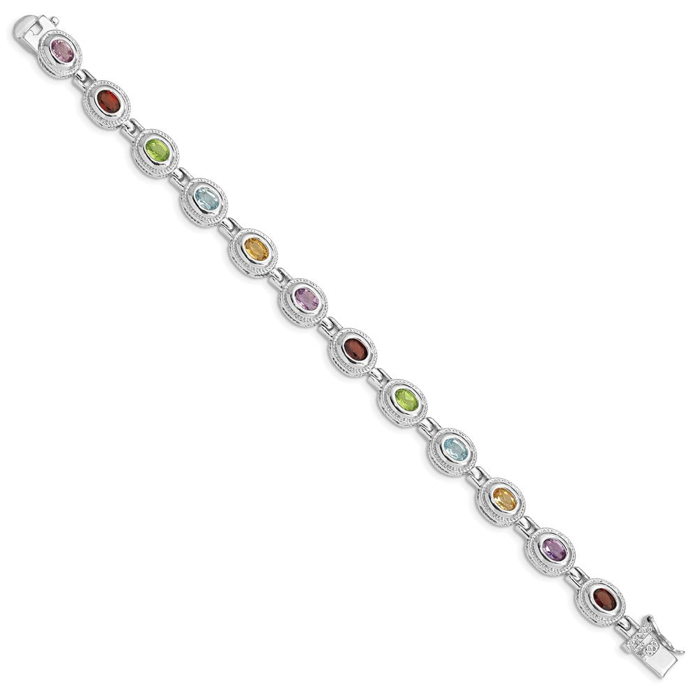 7 Inch Sterling Silver Rhod-Pltd 7Inch Rainbow Multi-Gemstone Bracelet