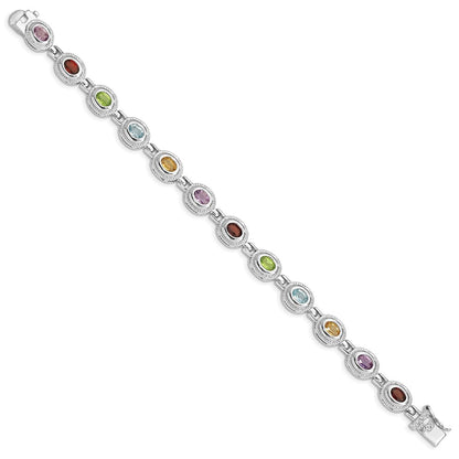 7 Inch Sterling Silver Rhod-Pltd 7Inch Rainbow Multi-Gemstone Bracelet