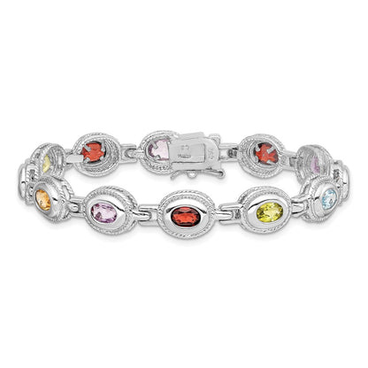 7 Inch Sterling Silver Rhod-Pltd 7Inch Rainbow Multi-Gemstone Bracelet