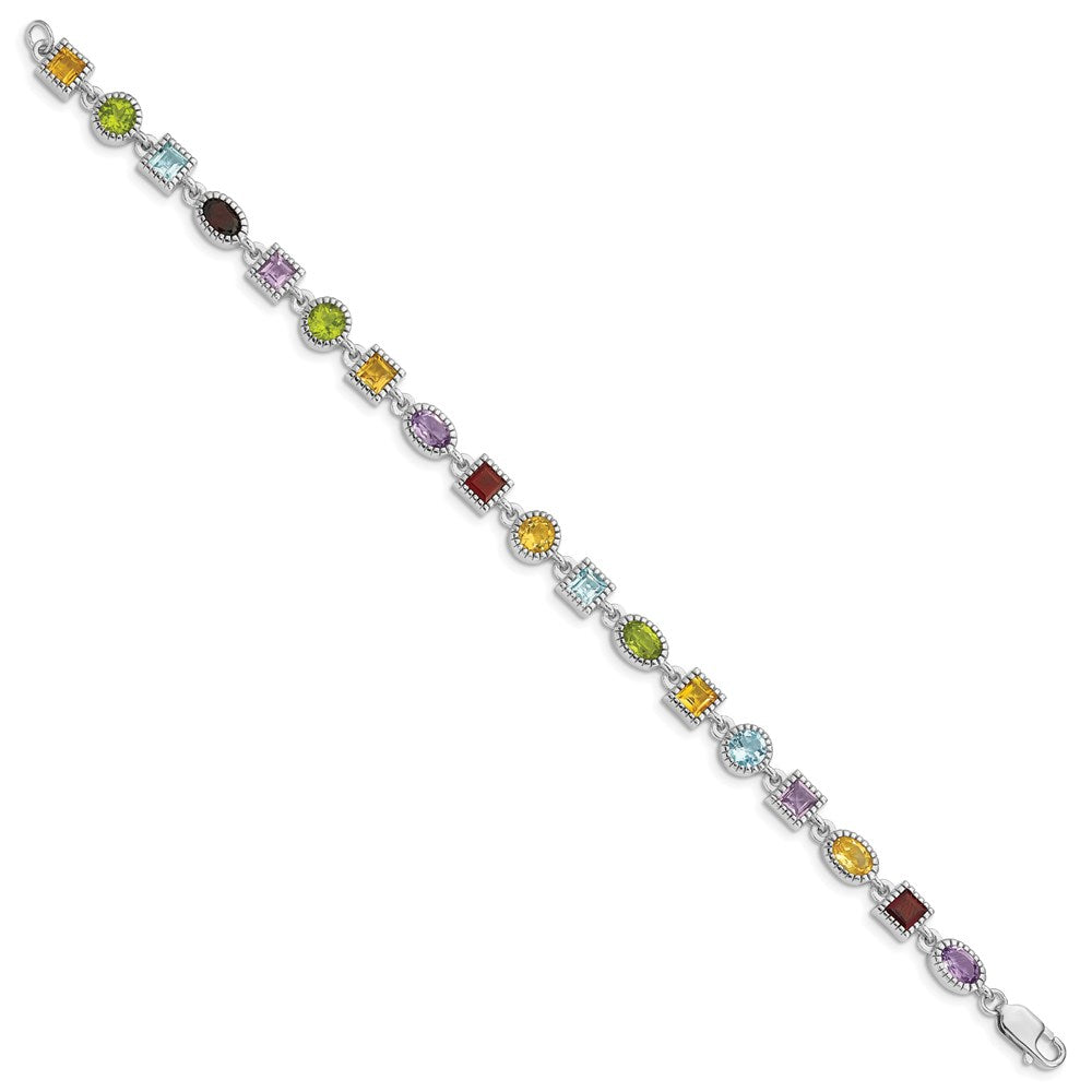 7 Inch Sterling Silver 7Inch Rhod Plated Rainbow Multi-Gemstone Bracelet