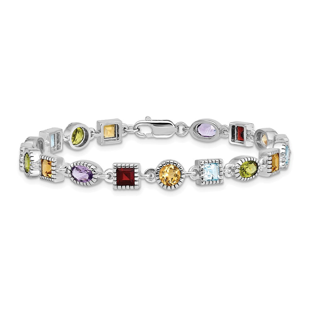 7 Inch Sterling Silver 7Inch Rhod Plated Rainbow Multi-Gemstone Bracelet