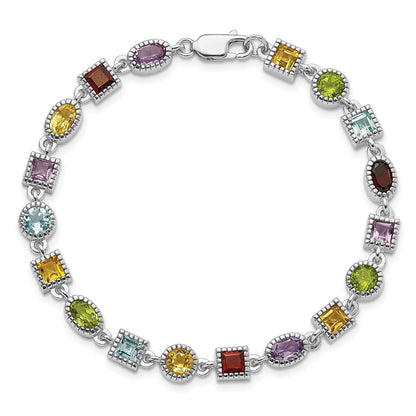 7 Inch Sterling Silver 7Inch Rhod Plated Rainbow Multi-Gemstone Bracelet