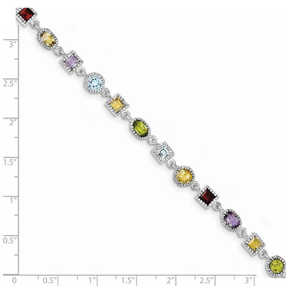 7 Inch Sterling Silver 7Inch Rhod Plated Rainbow Multi-Gemstone Bracelet