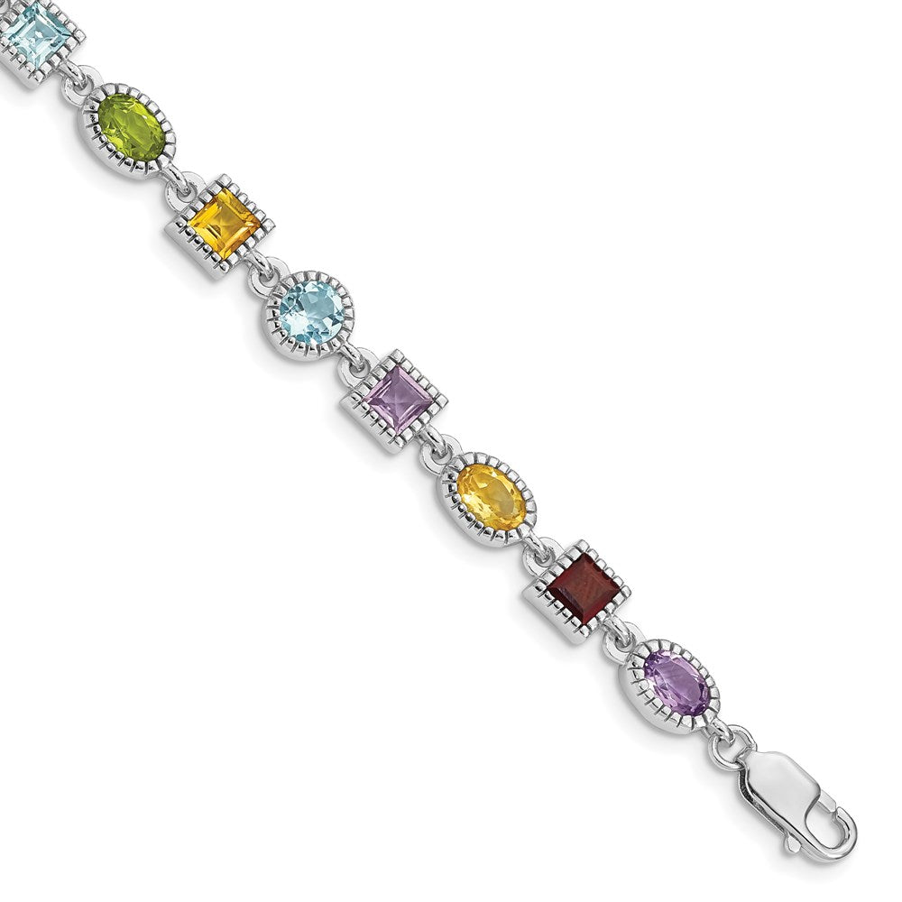 7 Inch Sterling Silver 7Inch Rhod Plated Rainbow Multi-Gemstone Bracelet