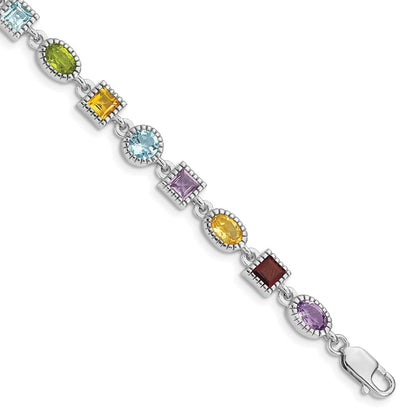 7 Inch Sterling Silver 7Inch Rhod Plated Rainbow Multi-Gemstone Bracelet