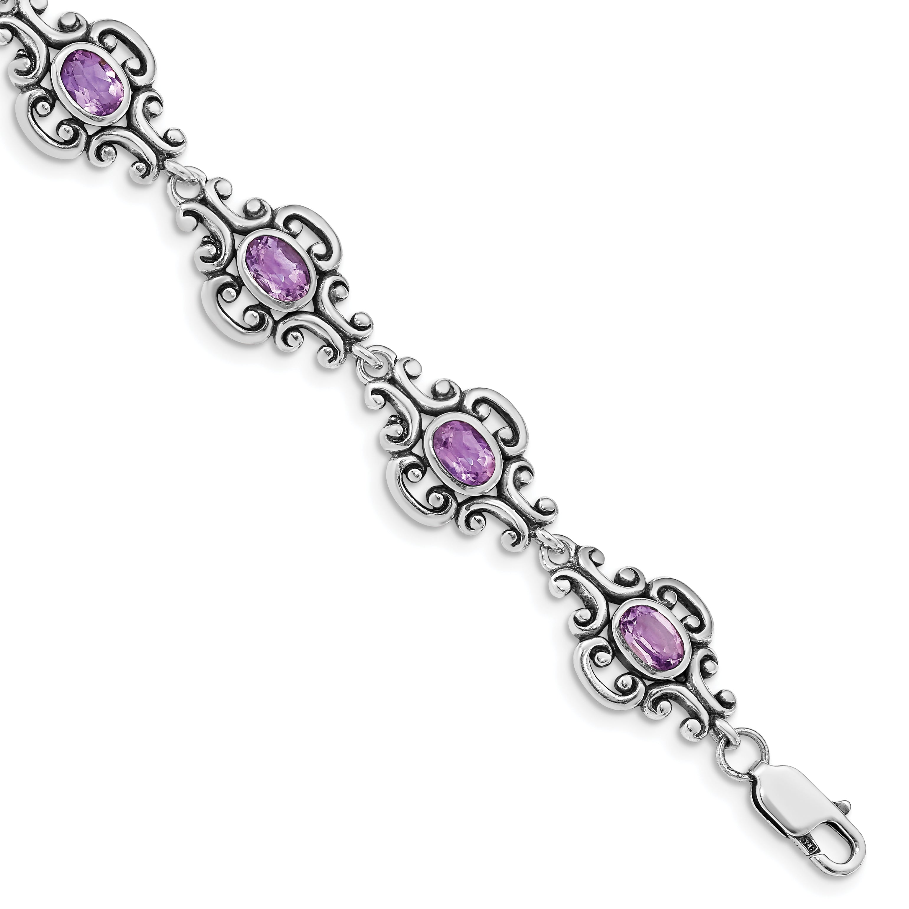 7.5 Inch Sterling Silver Rhodium-Plated Amethyst Bracelet