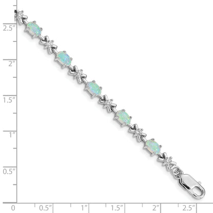 7 Inch Sterling Silver Rhodium Plated 7Inch Cz/Created Opal Xo Bracelet