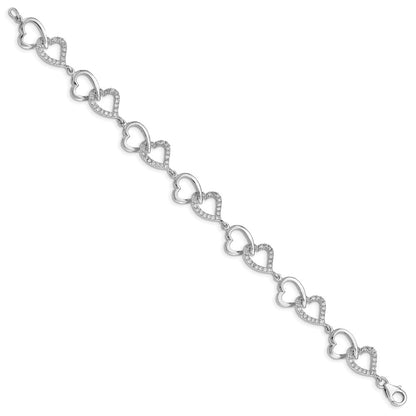 7.75 Inch Sterling Silver Rhodium-Plated Cz Heart Bracelet