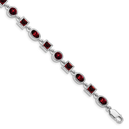 7 Inch Sterling Silver Rhodium Plated Garnet Bracelet