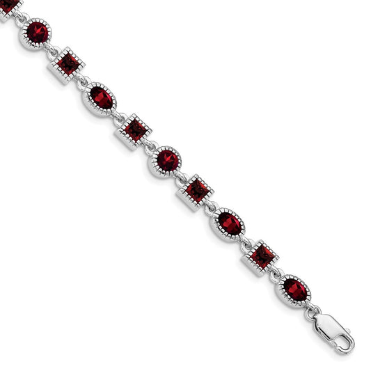 7 Inch Sterling Silver Rhodium Plated Garnet Bracelet