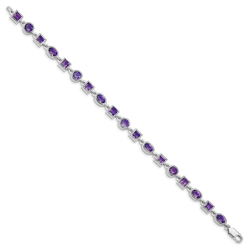 7 Inch Sterling Silver Rhodium-Plated Amethyst Bracelet