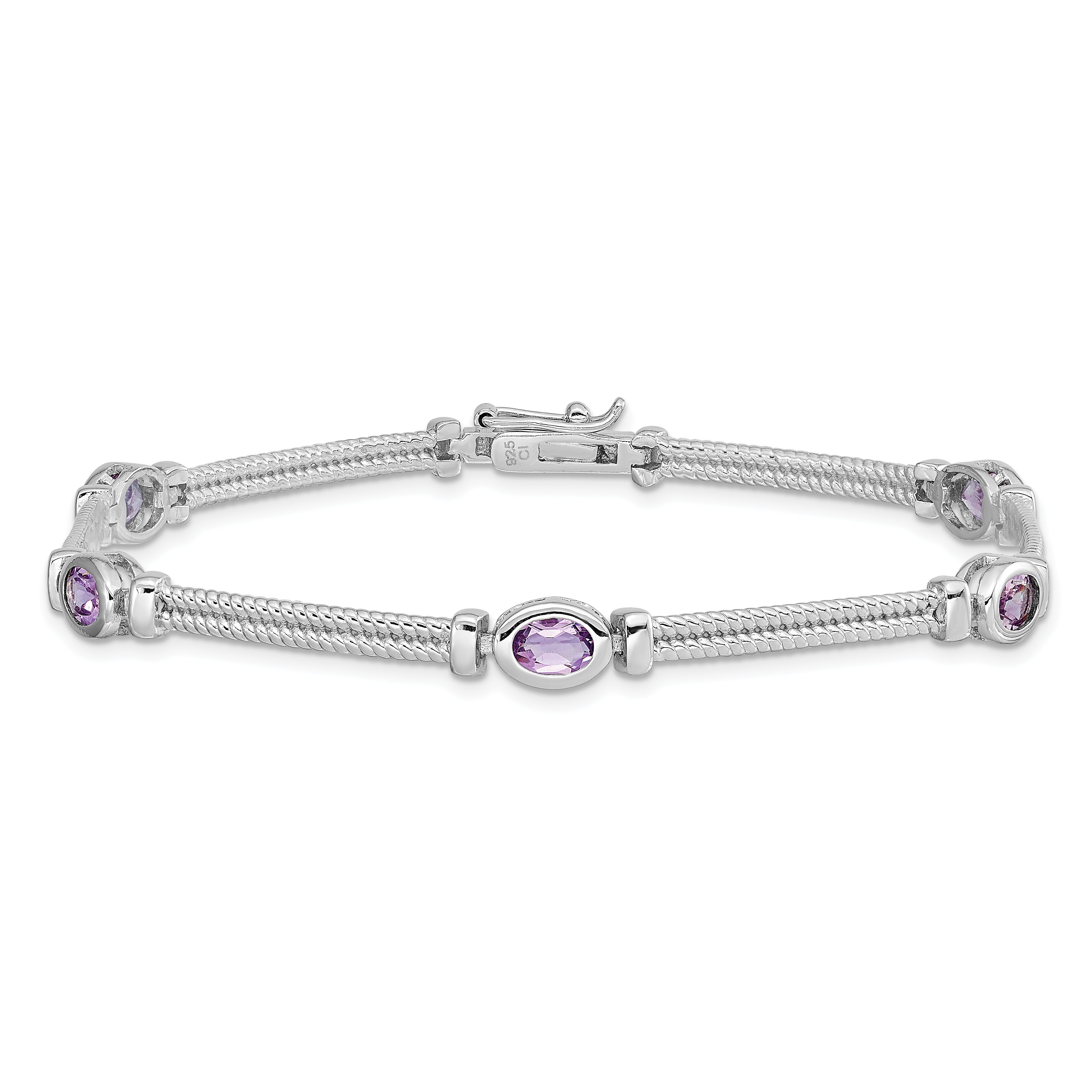 7 Inch Sterling Silver Rhodium-Plated Amethyst Bracelet