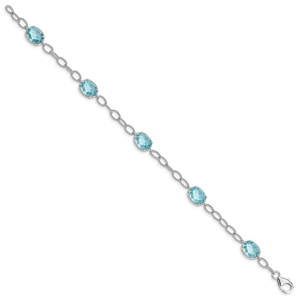 7.5 Inch Sterling Silver Rhodium-Plated Aqua Blue Cz Textured Link Bracelet