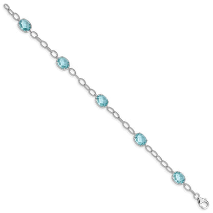 7.5 Inch Sterling Silver Rhodium-Plated Aqua Blue Cz Textured Link Bracelet