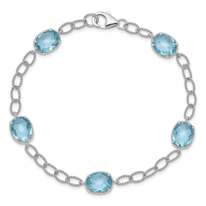 7.5 Inch Sterling Silver Rhodium-Plated Aqua Blue Cz Textured Link Bracelet