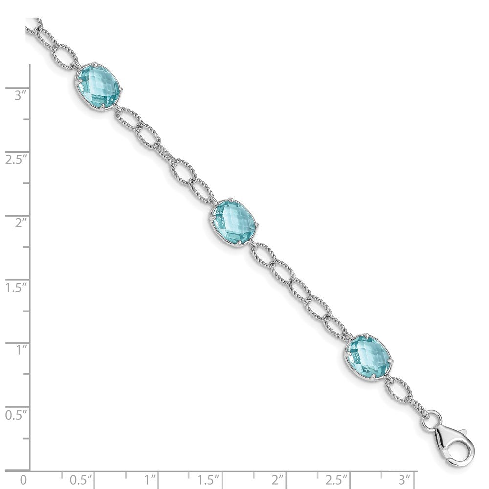 7.5 Inch Sterling Silver Rhodium-Plated Aqua Blue Cz Textured Link Bracelet