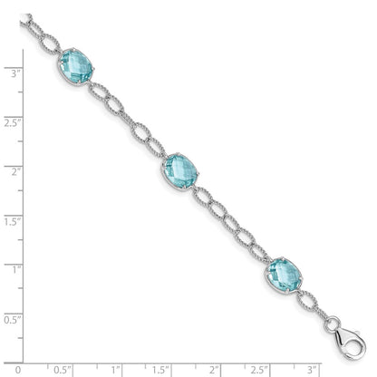 7.5 Inch Sterling Silver Rhodium-Plated Aqua Blue Cz Textured Link Bracelet