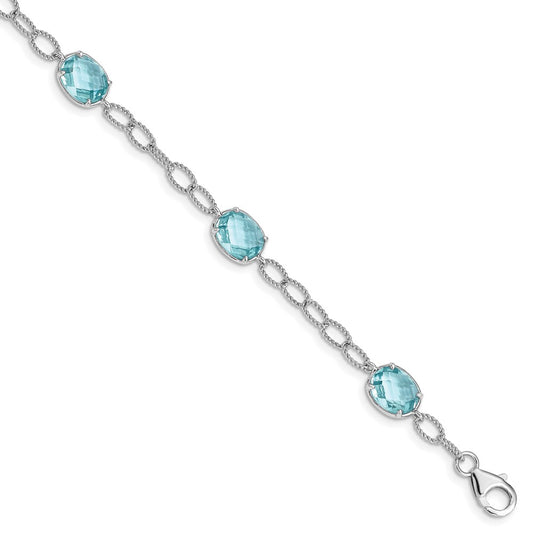 7.5 Inch Sterling Silver Rhodium-Plated Aqua Blue Cz Textured Link Bracelet