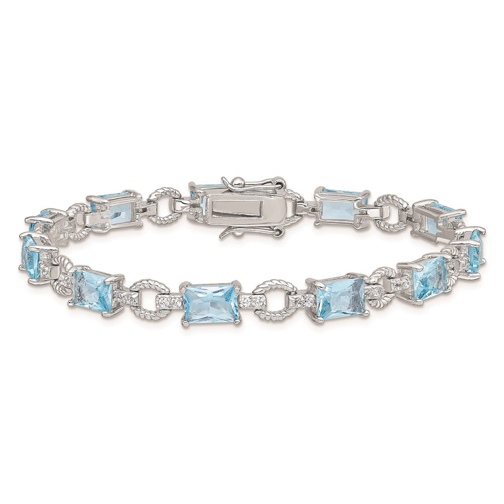 7.25 Inch Sterling Silver Rhodium-Plated Blue And Clear Cz Bracelet