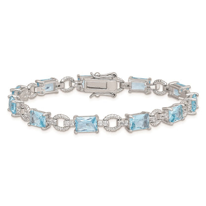 7.25 Inch Sterling Silver Rhodium-Plated Blue And Clear Cz Bracelet